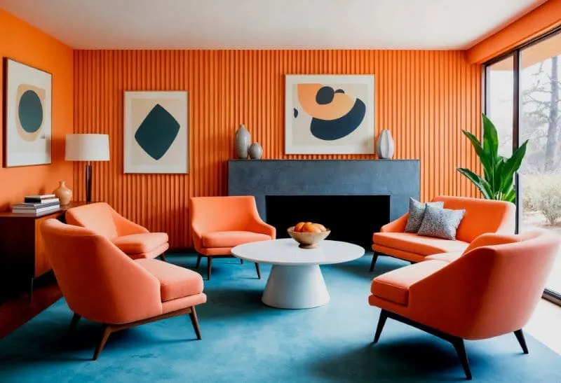 Imagen de una sala de estar moderna con muebles naranjas